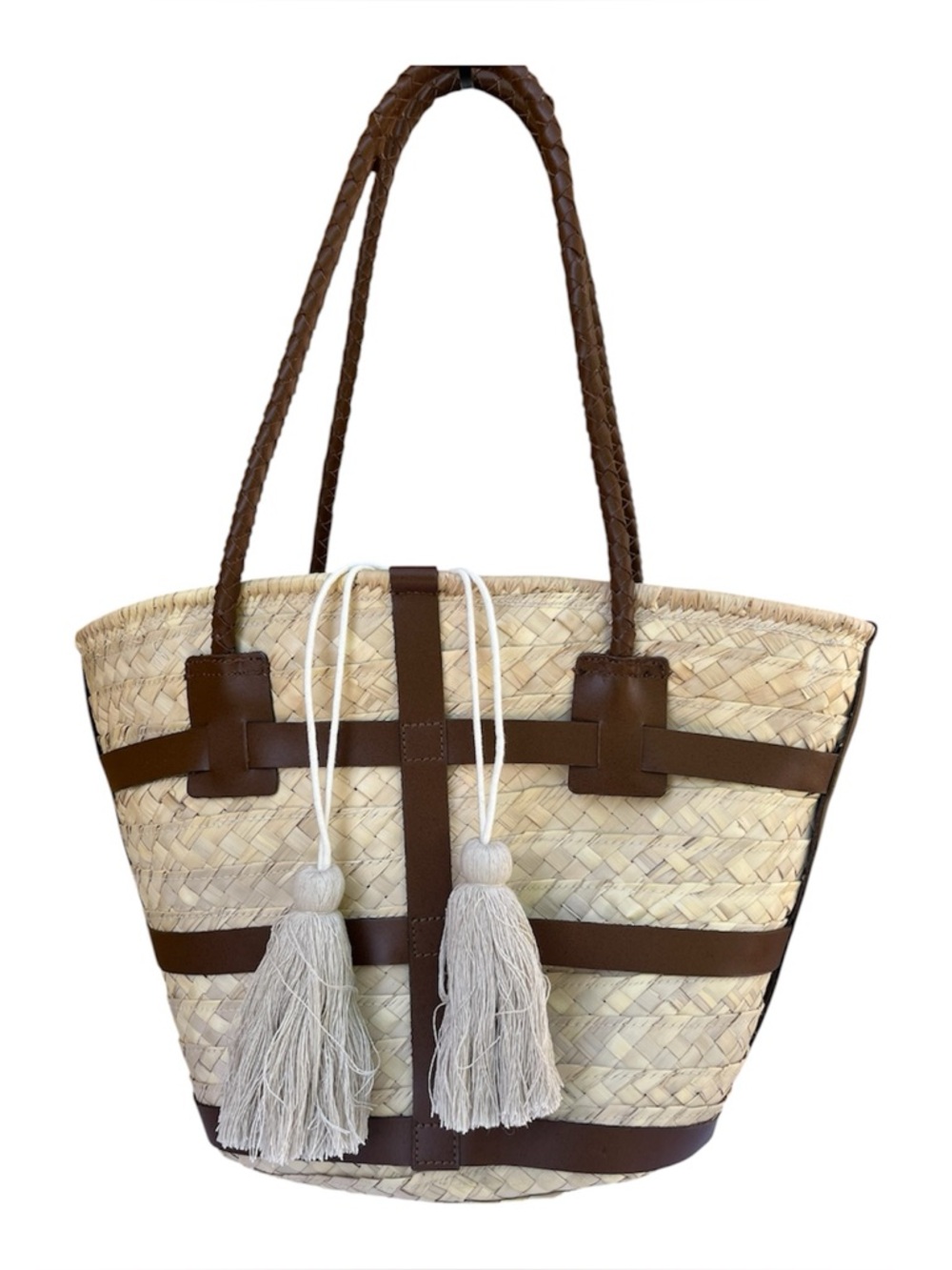 J.Jill Woven Straw Basket Tote Bag Brown Leather Trim Large Tassel Accents